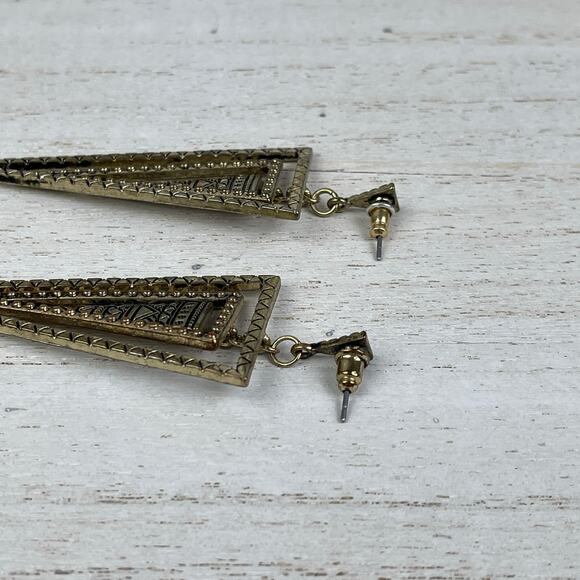 Gold Tone Tiered Triangle Cairo Dangle Earrings Black Geo Geometric Boho Jewelry - Picture 6 of 16